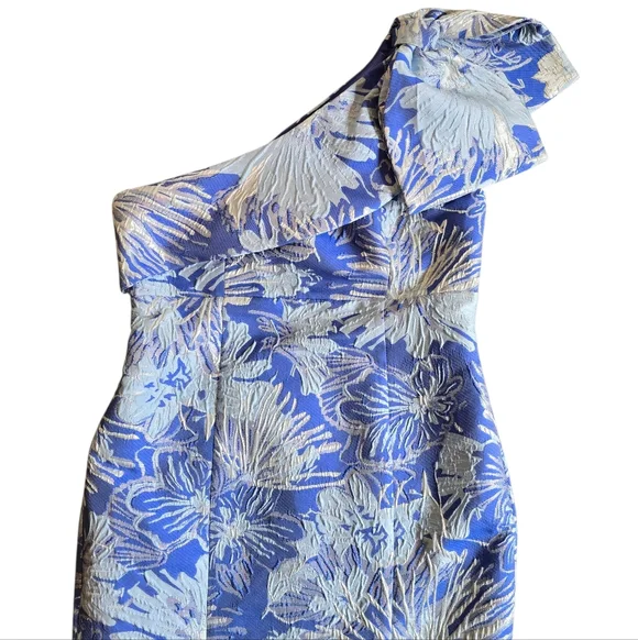 Donna Karan Floral Brocade One Shoulder Bow Gown Dazzling Blue Multi 8 - Picture 4 of 10